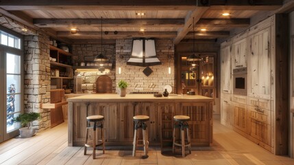 Elegant wooden kitchen with masonry features and soft, warm lighting creating a cozy atmosphere.