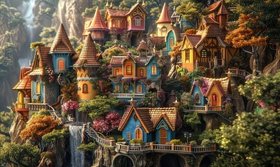 Fototapeta premium A whimsical fairy tale village with colorful cottages. Realistic.