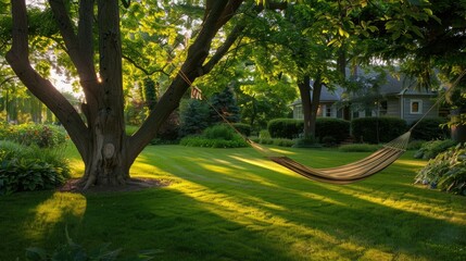Green front lawn with a hammock strung between two trees and a relaxing atmosphere.