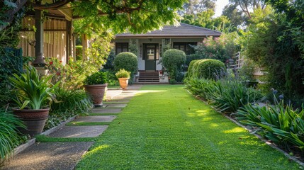 Obraz premium Green front lawn with a stylish pathway, leading to a front door with potted plants.