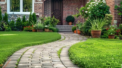 Obraz premium Green front lawn with a stylish pathway, leading to a front door with potted plants.