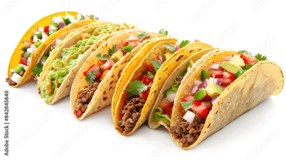 Wall mural assortment of tasty tacos displayed on a white background - Wall murals