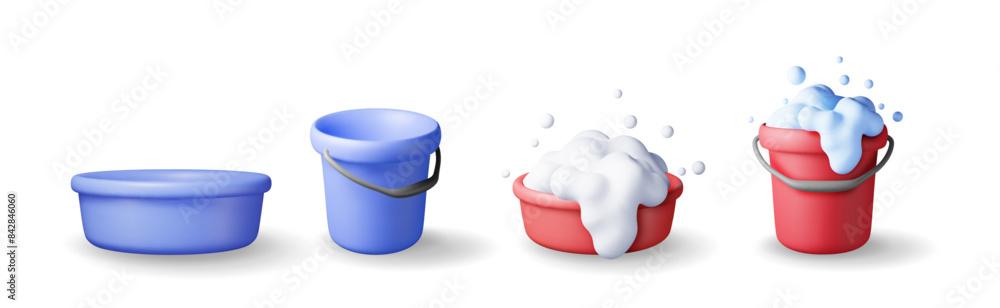 Poster 3d set of plastic bucket with soapy foam and empty isolated. render bucket basin collection icon for