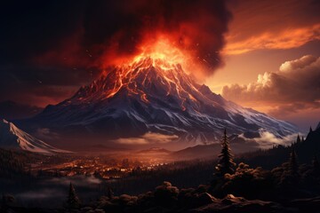 Majestic volcano between glaciers in glacial scenario., generative IA