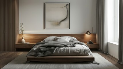 Minimalist bedroom with a bed, soft gray bedding, and a single piece of wall art.