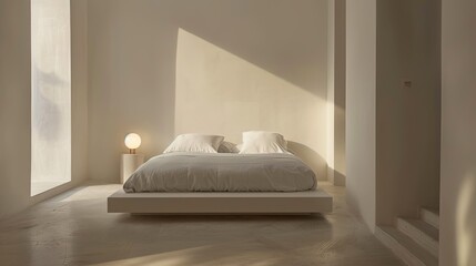 Minimalist bedroom with a low bed, white sheets, and a single bedside table lamp.