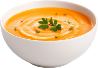 bowl of carrot soup isolated on white or transparent background,transparency 