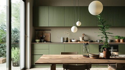 Minimalist kitchen featuring olive green cabinets, a wooden table, cozy pendant lights, and a large window.