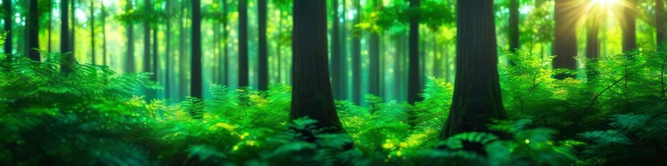 This abstract background captures the ethereal beauty of a summer forest at dawn, with sunlight softly filtering through a blurred canopy of vibrant green leaves.