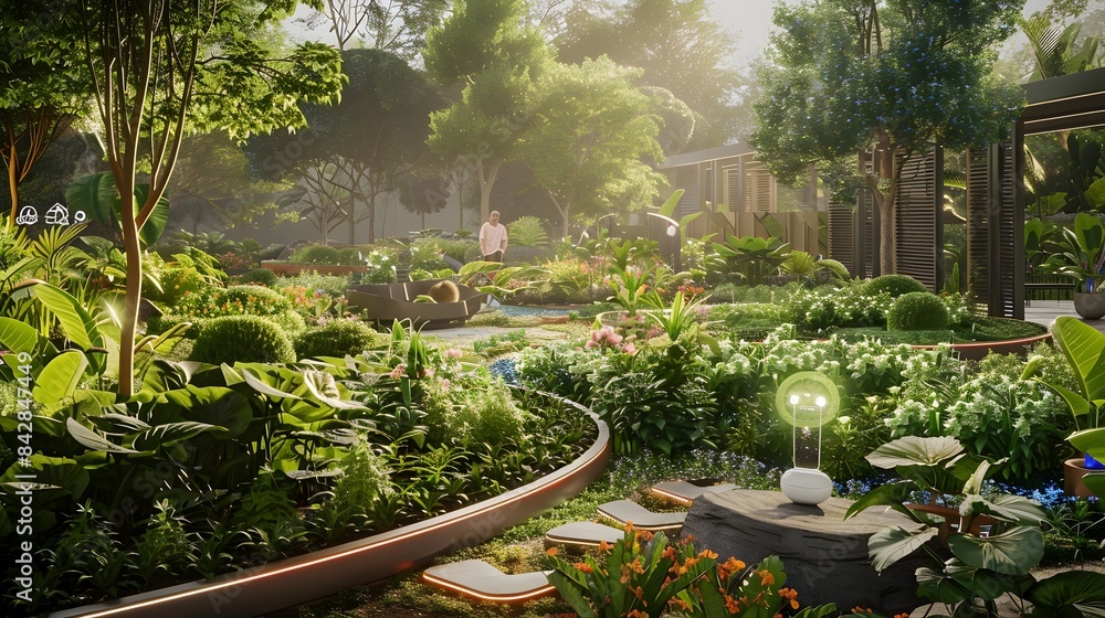 Aufkleber futuristic garden with app-managed irrigation and automated maintenance robots