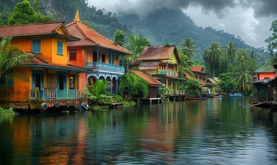 Fototapeta premium A serene riverside village with colorful houses. Realistic.