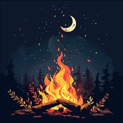 A bonfire in the night forest. An illustration of the journey. A recreation camp, a cartoon-style landscape. Vacation in the mountains. A campfire in the forest for a picnic.