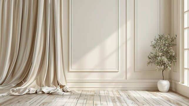 luxury brown curtain backdrop with wooden floor and wall background, white and lighten color 