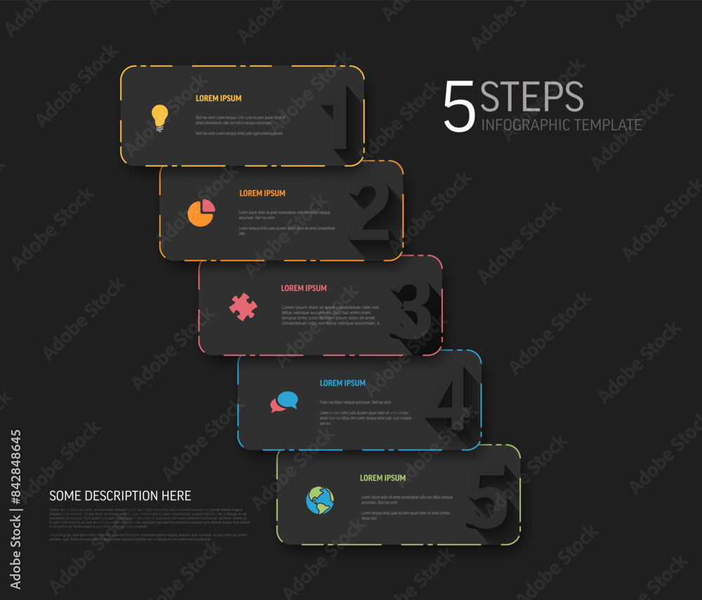 Poster five dark gray card steps template with big numbers icons description and color border