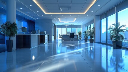 A modern office with advanced technology and ambient lighting. The high-resolution image showcases the clean lines and sleek design, with shadows adding depth and realism. This high-quality