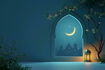 mosque window with lantern and crescent moon for eid mubarrak or ramadan kareem celebration, beautiful night scene background design template
