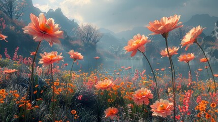 Obraz premium A fantasy landscape with oversized flowers and plants creating a magical atmosphere. 
