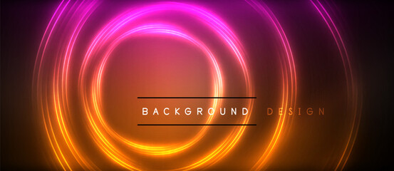 Neon glowing circle rays, light round lines in the dark, planet style neon wave lines. Energetic electric concept design for wallpaper, banner, background