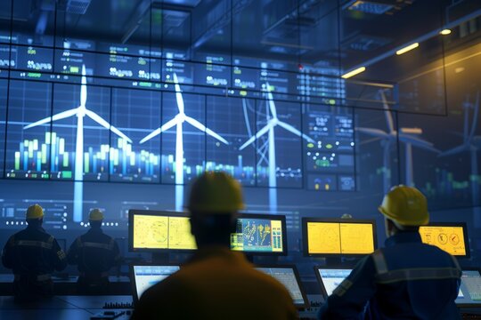 Engineers at the power generation complex control the process of producing green hydrogen based on real-time power readings from windmills. - Powered by Adobe