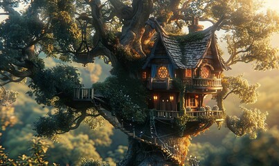 Obraz premium A whimsical treehouse nestled in the branches of a giant tree. Realistic.