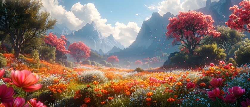 A fantasy landscape with oversized flowers and plants creating a magical atmosphere. 