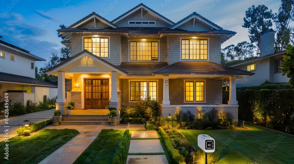 Poster app-controlled smart home exterior with advanced security systems and automated lighting