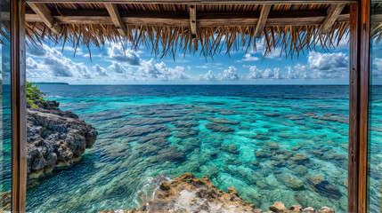 Obraz premium Tropical ocean view from a wooden hut. The water is crystal clear and shallow, revealing the coral reefs below.