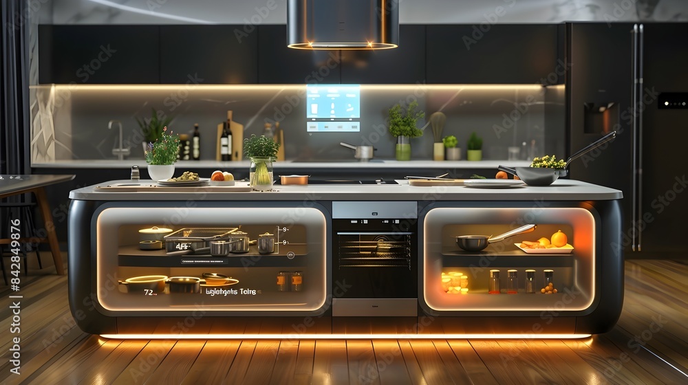 Poster app-controlled smart kitchen island with holographic recipe display and automated ingredient