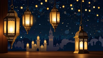 Obraz premium arabian lantern lights illuminating the night, adorning walls, and decorating the park with festive islamic holiday with space