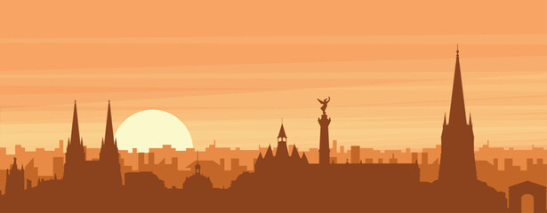Brown panoramic poster of the city skyline with misty background buildings, sunrise, clouds and mountains of BORDEAUX, FRANCE