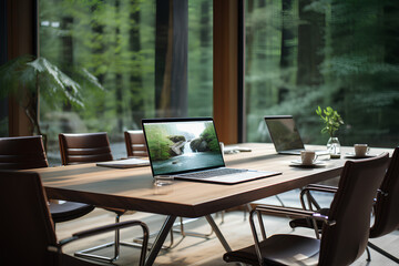A laptop on a conference table in a modern boardroom with large glass windows overlooking nature.