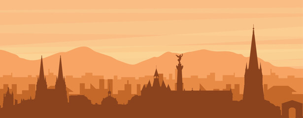 Brown panoramic poster of the city skyline with misty background buildings, sunrise, clouds and mountains of BORDEAUX, FRANCE