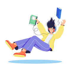 Girl listening audio course, flat illustration