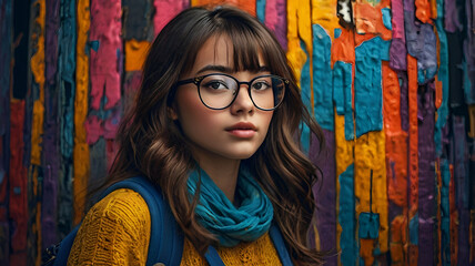 Naklejka premium Dynamic Photo of a Slim-Faced Girl with Bold Colors and Glasses