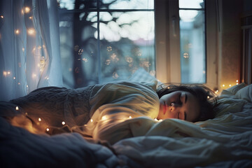 Young Woman Sleeping Peacefully with Fairy Lights