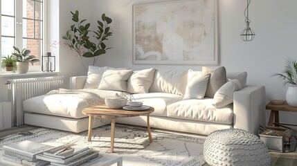 Create a cozy living room scene featuring modern Scandinavian furniture, with a combination of white and pastel colors, showcasing a stylish coffee table, a plush area rug, and minimalistic wall art 
