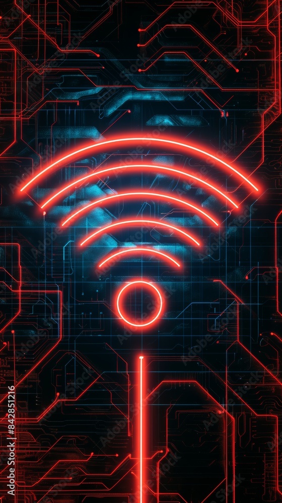 Poster wi-fi symbol with neon light on a digital circuit background, futuristic technology concept