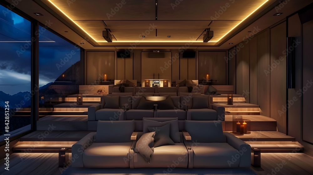 Poster app-controlled home theater with smart seating and automated ambiance settings
