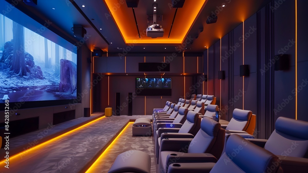 Poster app-controlled home theater with smart seating and automated ambiance settings