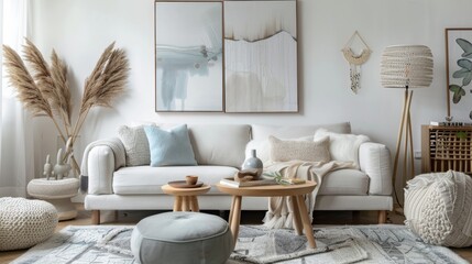 Create a cozy living room scene featuring modern Scandinavian furniture, with a combination of white and pastel colors, showcasing a stylish coffee table, a plush area rug, and minimalistic wall art 