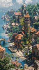 A charming seaside town, realistic.