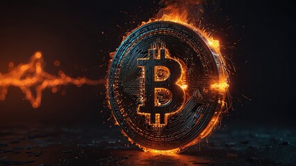 A glowing Bitcoin symbol made of fire against a dark background.