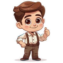 Fototapeta premium Cute cartoon boy with brown hair wearing suspenders, giving a thumbs up. Colorful and cheerful, perfect for children's content.