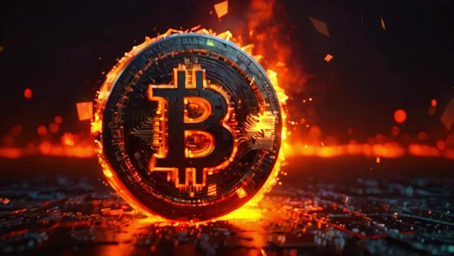 A glowing orange Bitcoin symbol made of metal with flames rising up around it.