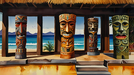 Fototapeta premium Watercolor painting of Hawaiian tiki statue