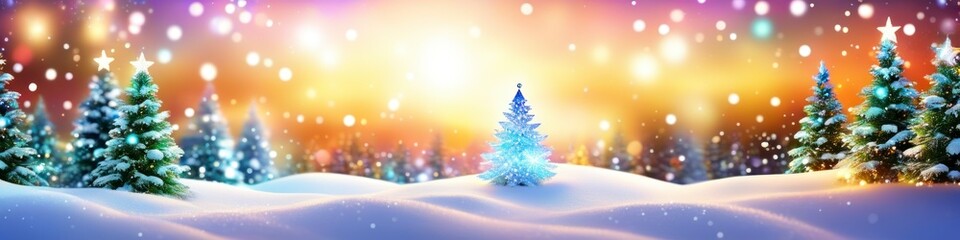 This abstract Christmas background twinkles with the magic of the holiday season, featuring silhouettes of evergreen trees, a gentle snowfall, and a sky full of stars.