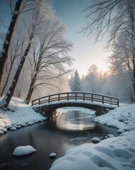 Obraz premium A serene winter scene with a snow-covered bridge crossing a frozen river, surrounded by snow-laden trees, captured in a tranquil forest.