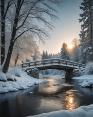 A serene winter scene with a snow-covered bridge crossing a frozen river, surrounded by snow-laden trees, captured in a tranquil forest.