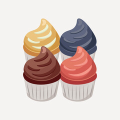 Chocolate, blueberry, strawberry and orange flavored cupcake. Bakery concept, sweets. Vector illustration