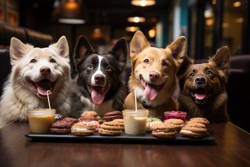 Immerse yourself in the delightful scene of a dog bakery, where a group of furry friends gathers to savor specially crafted treats. 